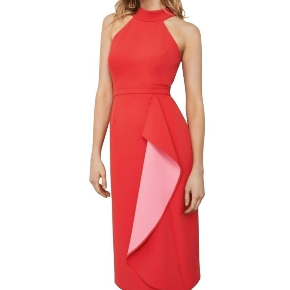 BCBG‎ MAXAZRIA | Maryssa Red Pink Ruffle Halter Open Back Sheath Dress | Size 4